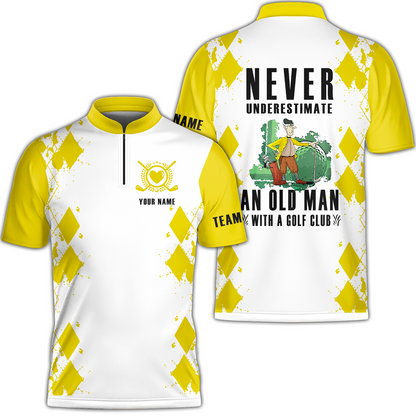Golf Men Polo Shirt - Argyle Pattern Custom Name Apparel - Personalized Gift For Golf Lover, Team - Never Underestimate An Old Man With A Golf Club