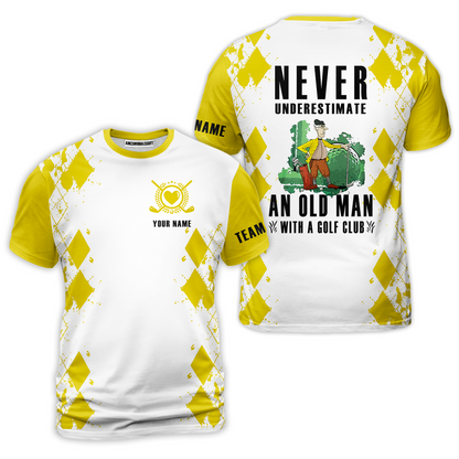 Golf Men Polo Shirt - Argyle Pattern Custom Name Apparel - Personalized Gift For Golf Lover, Team - Never Underestimate An Old Man With A Golf Club