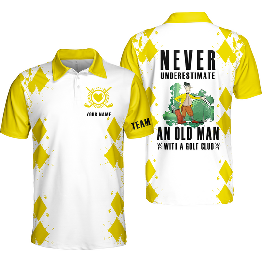 Golf Men Polo Shirt - Argyle Pattern Custom Name Apparel - Personalized Gift For Golf Lover, Team - Never Underestimate An Old Man With A Golf Club