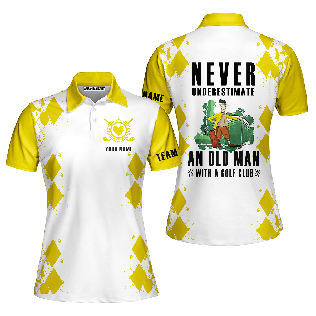 Golf Men Polo Shirt - Argyle Pattern Custom Name Apparel - Personalized Gift For Golf Lover, Team - Never Underestimate An Old Man With A Golf Club