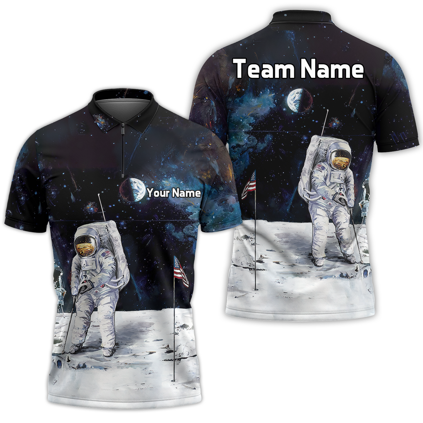Men Polo Shirt - Astronaut Moon Golf Men Polo Shirt, Short Sleeve Polo Shirt - Gift For Golfer - American Flag Men Polo Shirt