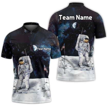 Men Polo Shirt - Astronaut Moon Golf Men Polo Shirt, Short Sleeve Polo Shirt - Gift For Golfer - American Flag Men Polo Shirt