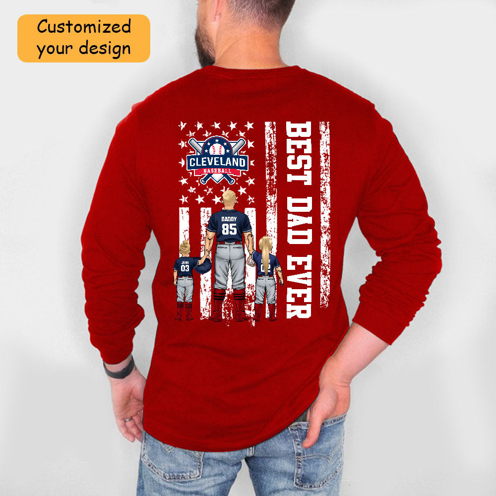 Personalized Cleveland Baseball Family Dad T-Shirt, American Flag Best Dad Ever Shirt, 4th July Outfit For Dad, Family