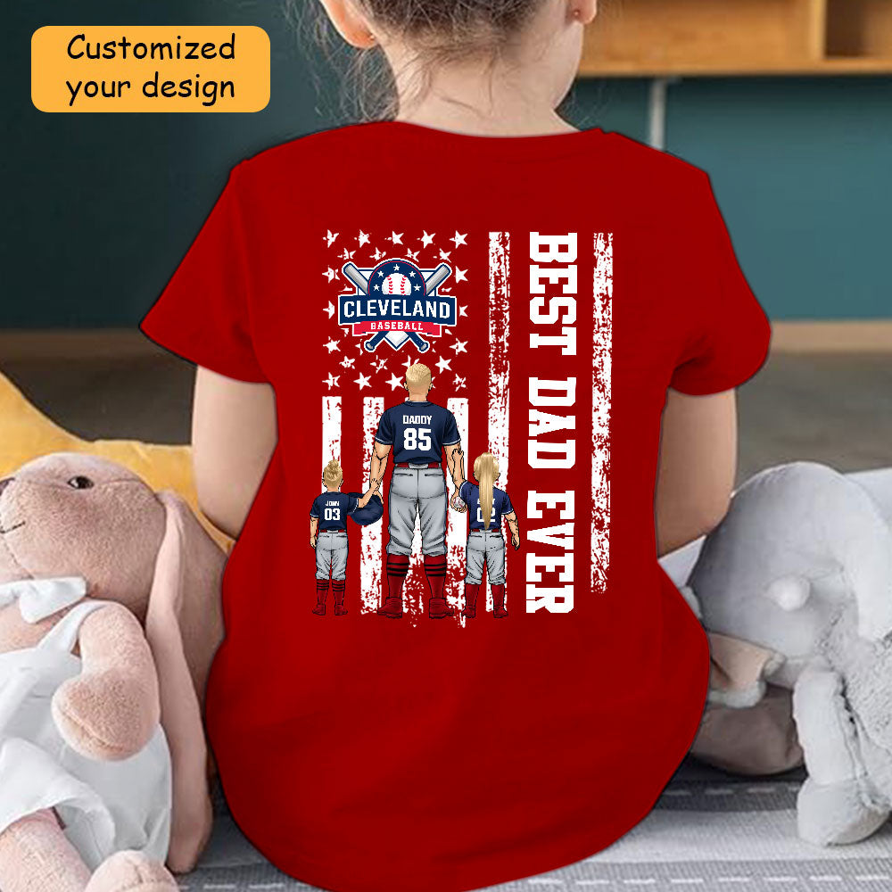 Personalized Cleveland Baseball Family Dad T-Shirt, American Flag Best Dad Ever Shirt, 4th July Outfit For Dad, Family