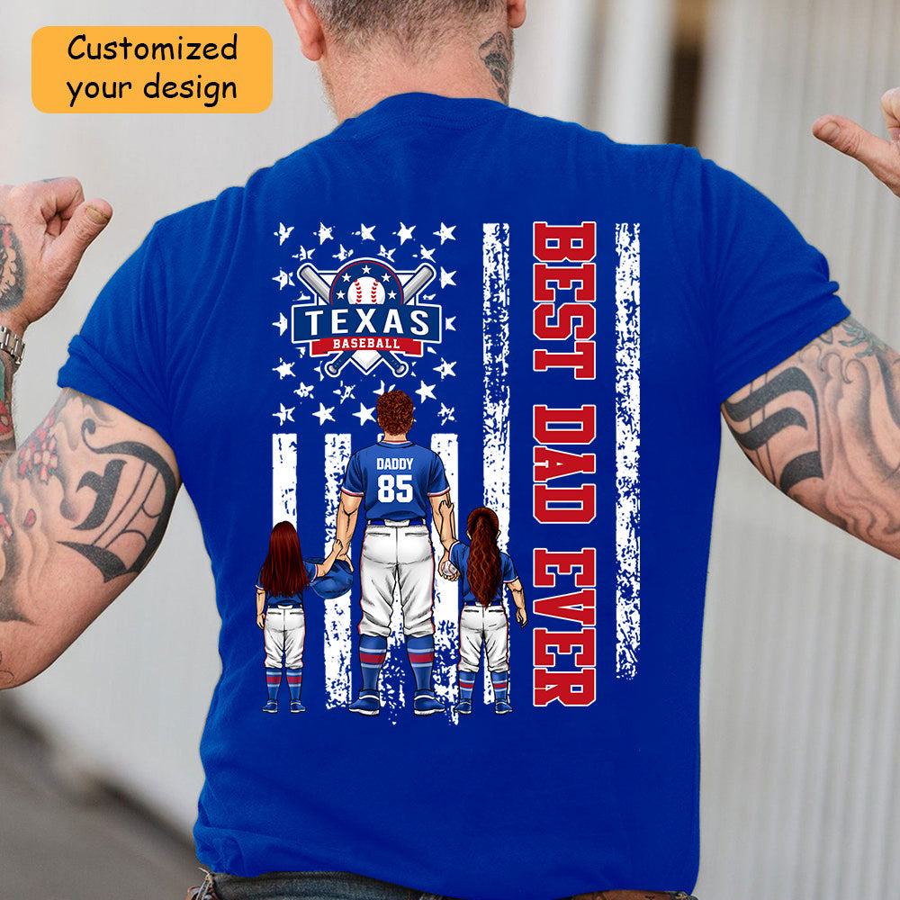 Personalized Texas Baseball Family Dad T-Shirt, American Flag Best Dad Ever Shirt, 4th July Outfit For Dad, Family