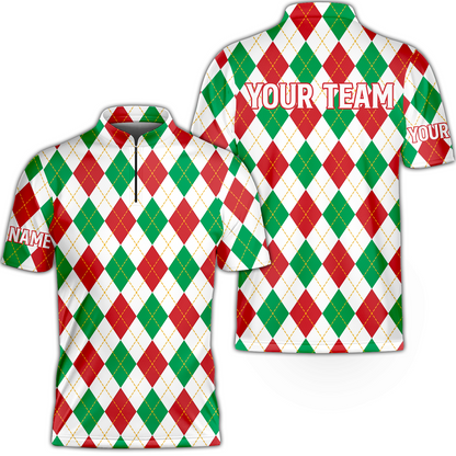 Christmas Plaid Argyle Pattern Golf Men Polo Shirt - Custom Name Apparel - Personalized Gift For Golf Lover, Team