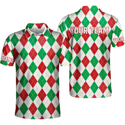 Christmas Plaid Argyle Pattern Golf Men Polo Shirt - Custom Name Apparel - Personalized Gift For Golf Lover, Team
