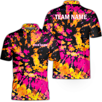 Custom Name On Collar Women's Golf Polo Shirts Hippies Style With Yellow Pink Black Tie Dye Pattern Golf Shirt