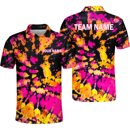Custom Name On Collar Women's Golf Polo Shirts Hippies Style With Yellow Pink Black Tie Dye Pattern Golf Shirt