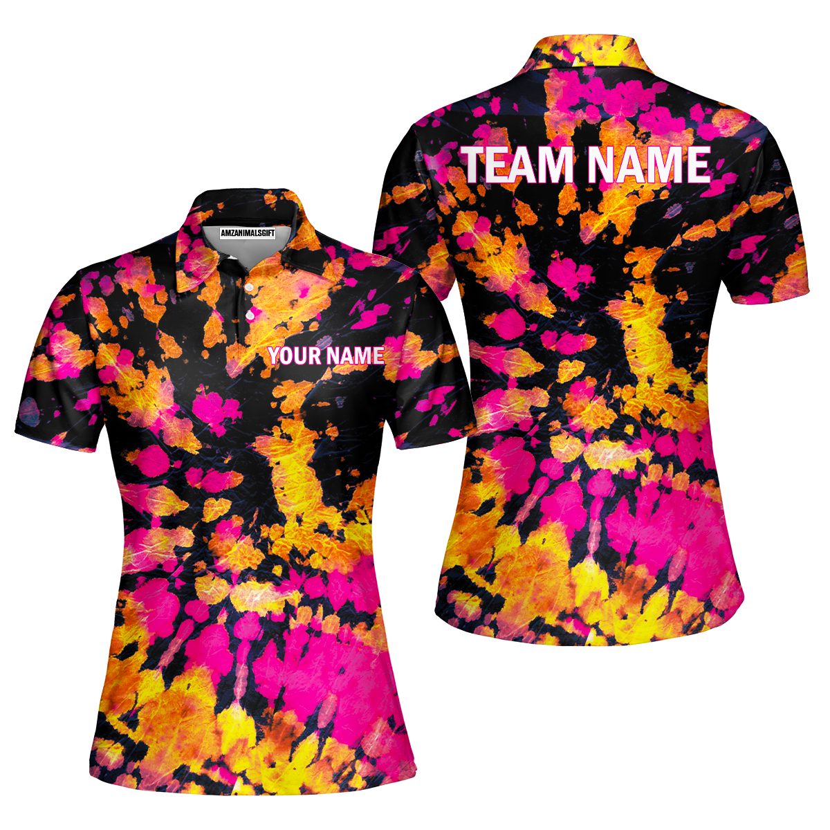 Custom Name On Collar Women's Golf Polo Shirts Hippies Style With Yellow Pink Black Tie Dye Pattern Golf Shirt