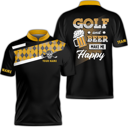 Disc Golf & Beer Make Me Happy Polo Shirt, Yellow Plaid Pattern Disc Golf Shirt, Funny Disc Golf Shirt With Sayings, Golf Gift For Men, Best Gift For Men Golfers
