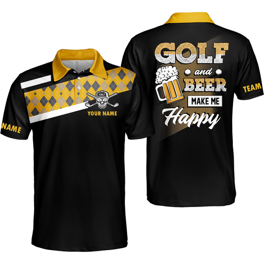 Disc Golf & Beer Make Me Happy Polo Shirt, Yellow Plaid Pattern Disc Golf Shirt, Funny Disc Golf Shirt With Sayings, Golf Gift For Men, Best Gift For Men Golfers