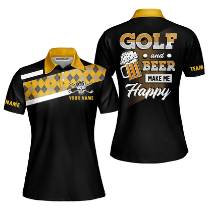 Disc Golf & Beer Make Me Happy Polo Shirt, Yellow Plaid Pattern Disc Golf Shirt, Funny Disc Golf Shirt With Sayings, Golf Gift For Men, Best Gift For Men Golfers