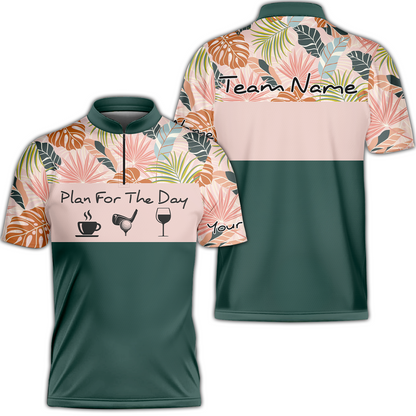 Drinks Golf Men Polo Shirt - Custom Name Tropical Leaves Floral Apparel - Personalized Gift For Golf Lover, Team - Plan For The Day Coffee Golf Wine