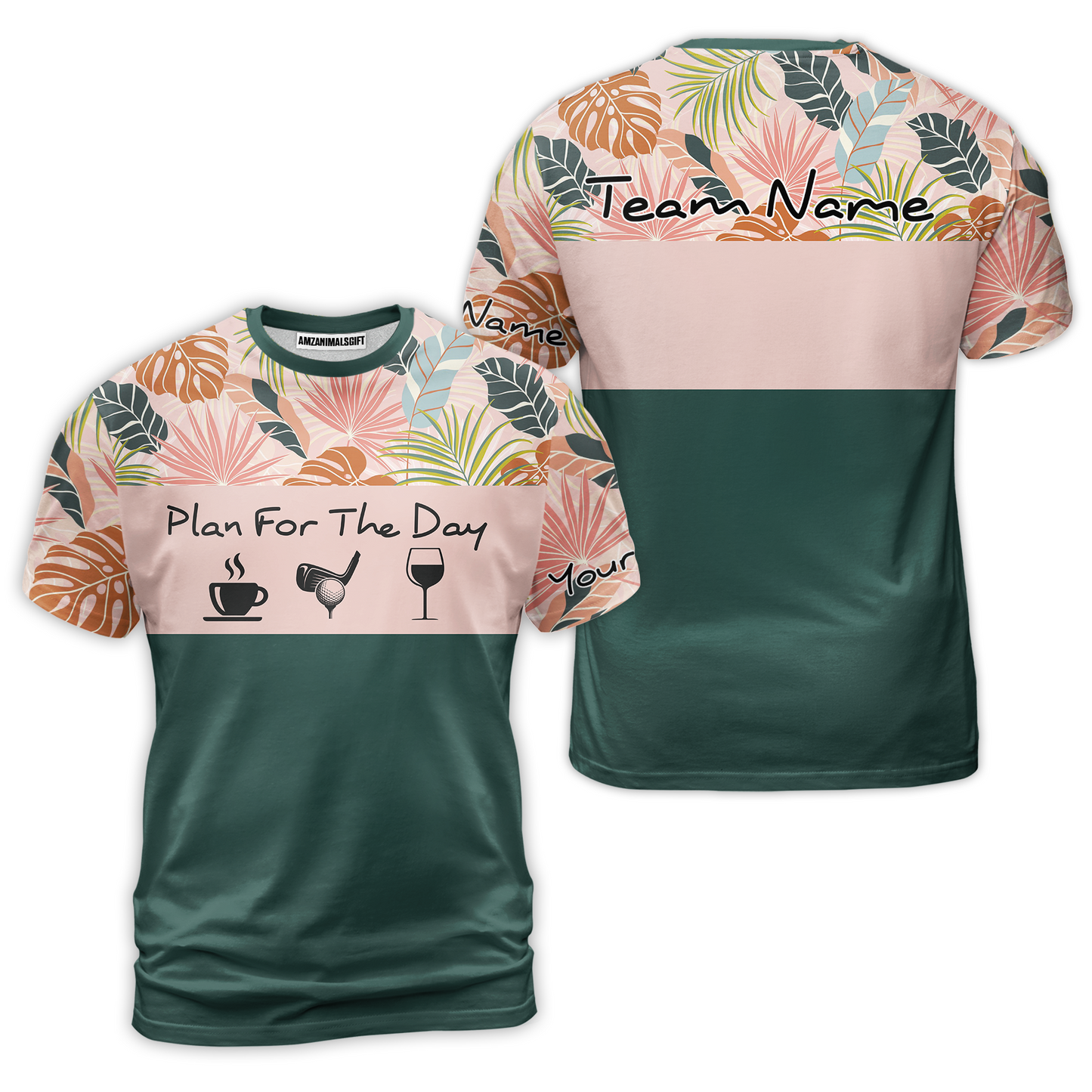 Drinks Golf Men Polo Shirt - Custom Name Tropical Leaves Floral Apparel - Personalized Gift For Golf Lover, Team - Plan For The Day Coffee Golf Wine