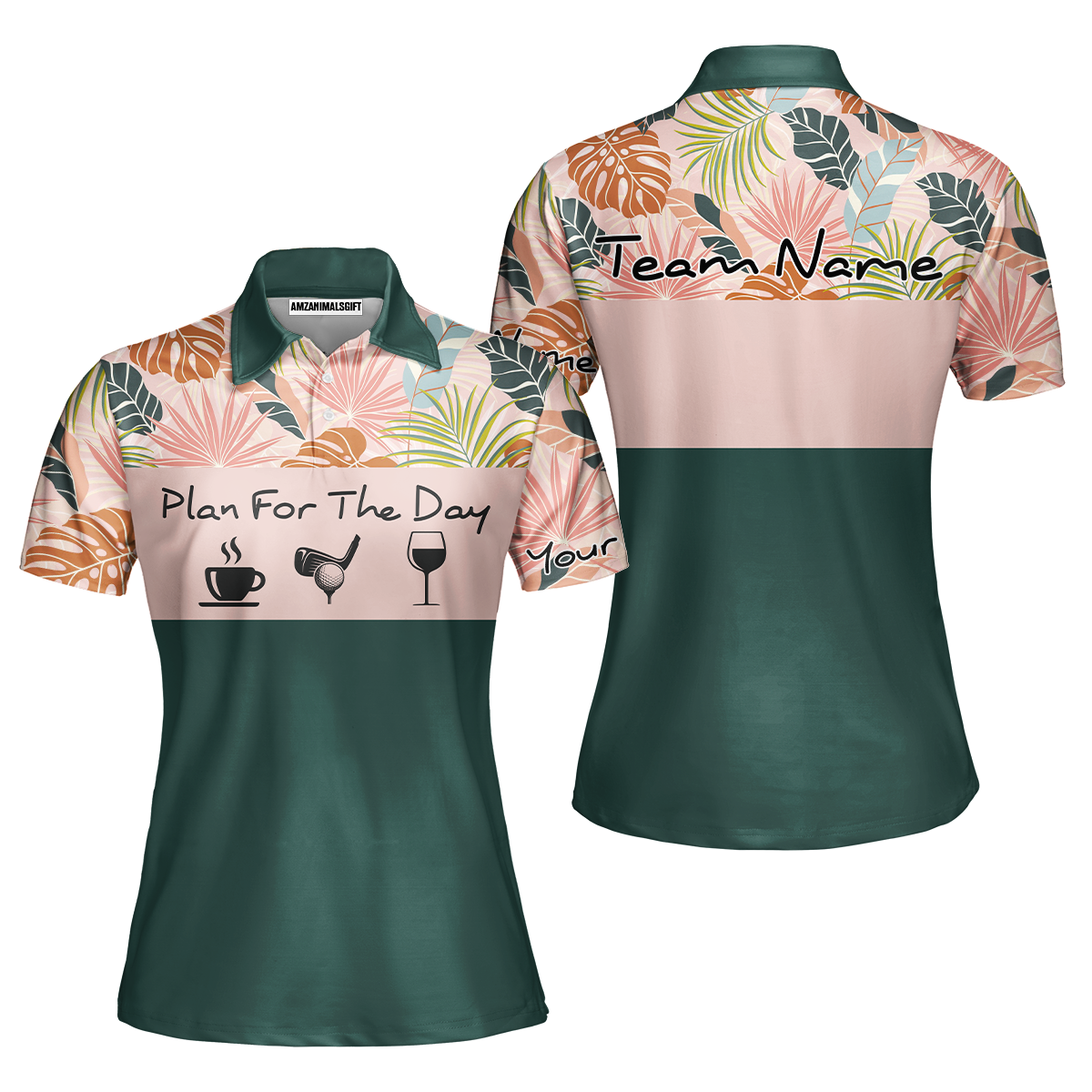 Drinks Golf Men Polo Shirt - Custom Name Tropical Leaves Floral Apparel - Personalized Gift For Golf Lover, Team - Plan For The Day Coffee Golf Wine