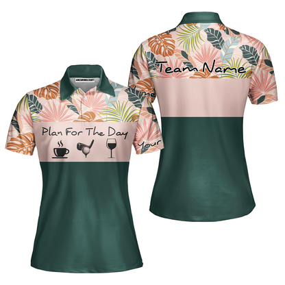 Drinks Golf Men Polo Shirt - Custom Name Tropical Leaves Floral Apparel - Personalized Gift For Golf Lover, Team - Plan For The Day Coffee Golf Wine