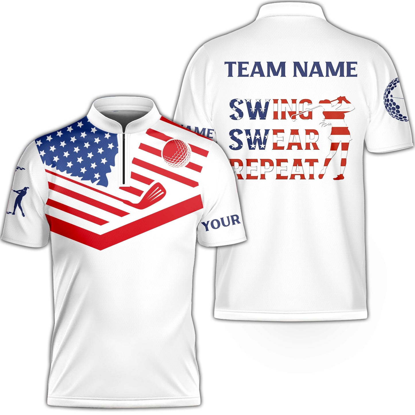 Personalized Golf Flat Neck Zipper American Flag 4th July Patriot, Golf Custom Shirt For Golf Players, Gift For Golfers