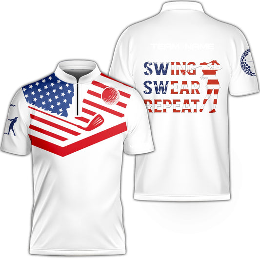 Personalized Golf Flat Neck Zipper American Flag 4th July Patriot, Golf Custom Shirt For Golf Players, Gift For Golfers
