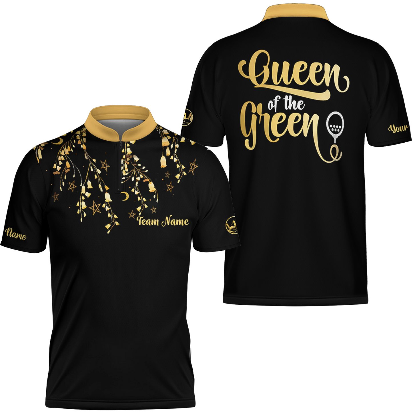 Elegant Gold Pattern Queen Of The Green Golf Short Sleeve Women Polo Shirt, Unique Female Golf Gift