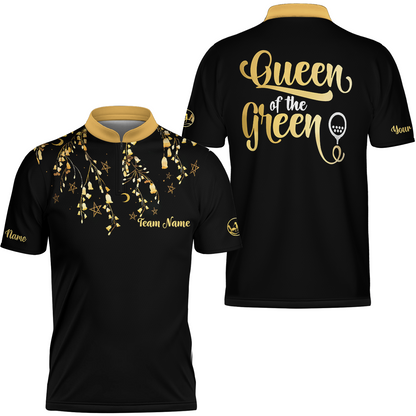 Elegant Gold Pattern Queen Of The Green Golf Short Sleeve Women Polo Shirt, Unique Female Golf Gift