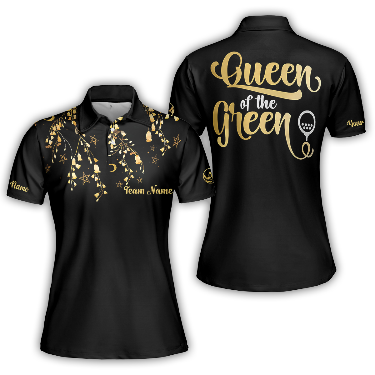 Elegant Gold Pattern Queen Of The Green Golf Short Sleeve Women Polo Shirt, Unique Female Golf Gift