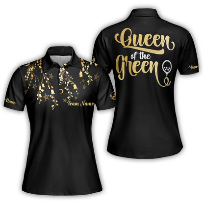 Elegant Gold Pattern Queen Of The Green Golf Short Sleeve Women Polo Shirt, Unique Female Golf Gift