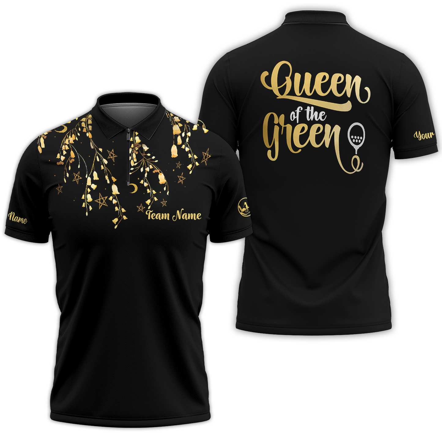 Elegant Gold Pattern Queen Of The Green Golf Short Sleeve Women Polo Shirt, Unique Female Golf Gift