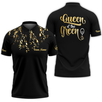 Elegant Gold Pattern Queen Of The Green Golf Short Sleeve Women Polo Shirt, Unique Female Golf Gift