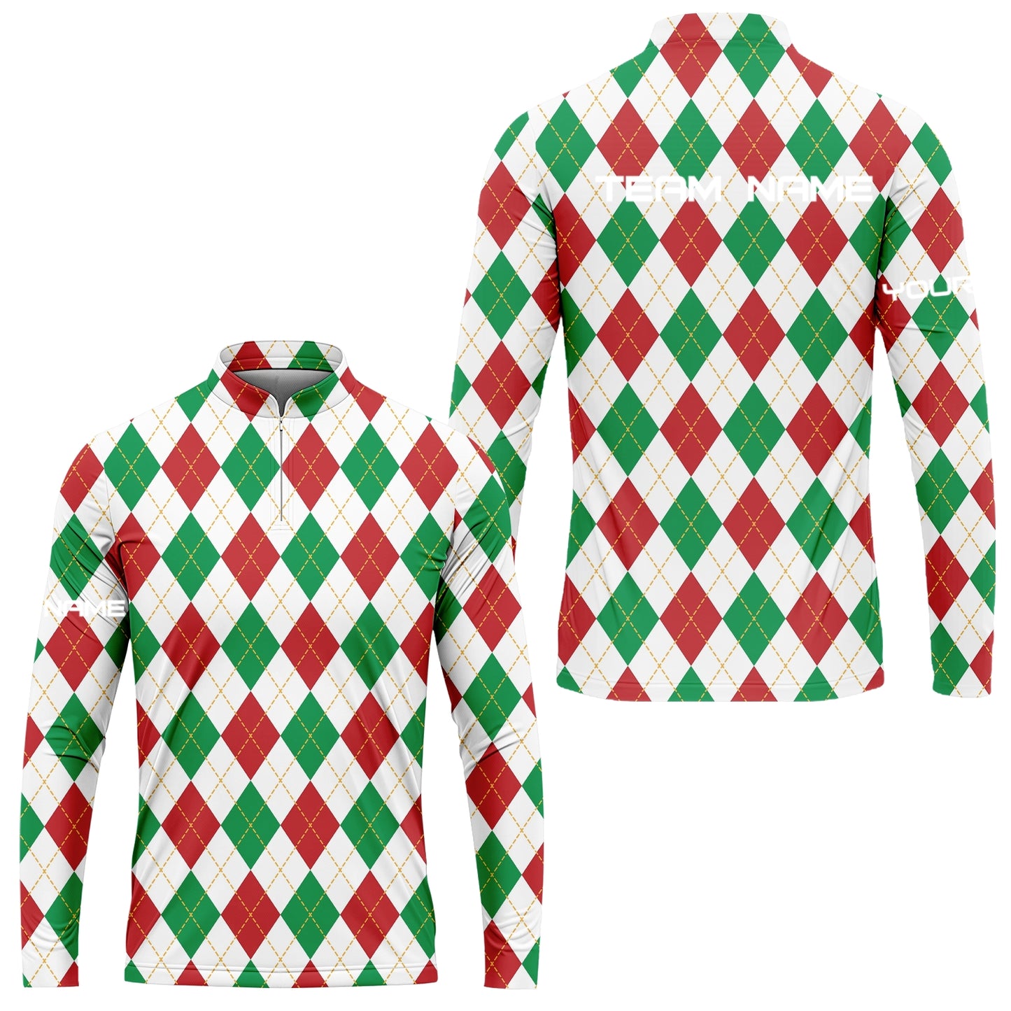 Christmas Plaid Argyle Pattern Golf Long Sleeve Jersey - Custom Name Apparel - Personalized Gift For Golf Lover, Team