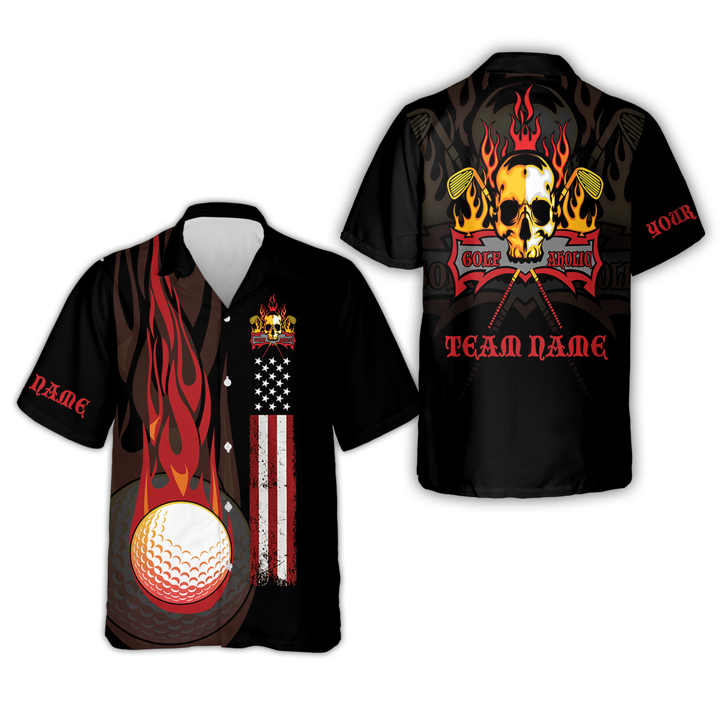 Golf Men Polo Shirt - Flame Skull Golf Ball American Flag Custom Name Apparel - Personalized Gift For Golf Lover, Team, Husband, Men, Patriotic