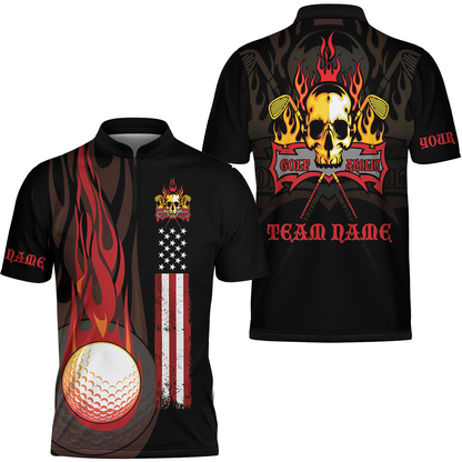 Golf Men Polo Shirt - Flame Skull Golf Ball American Flag Custom Name Apparel - Personalized Gift For Golf Lover, Team, Husband, Men, Patriotic