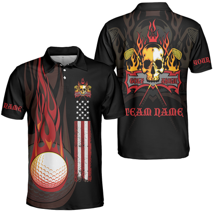 Golf Men Polo Shirt - Flame Skull Golf Ball American Flag Custom Name Apparel - Personalized Gift For Golf Lover, Team, Husband, Men, Patriotic