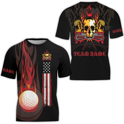 Golf Men Polo Shirt - Flame Skull Golf Ball American Flag Custom Name Apparel - Personalized Gift For Golf Lover, Team, Husband, Men, Patriotic