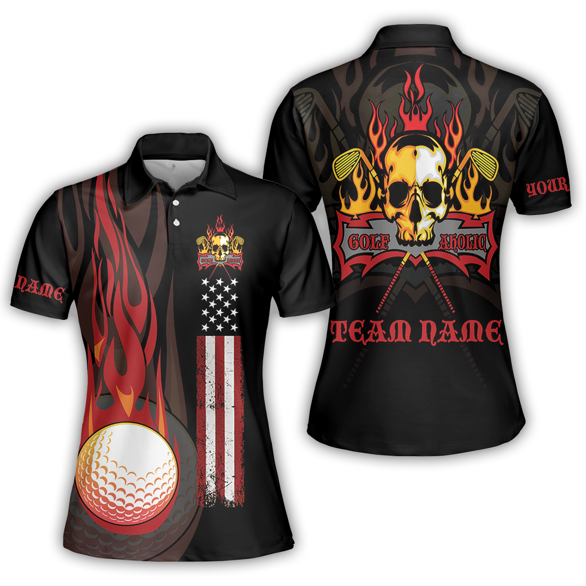 Golf Men Polo Shirt - Flame Skull Golf Ball American Flag Custom Name Apparel - Personalized Gift For Golf Lover, Team, Husband, Men, Patriotic