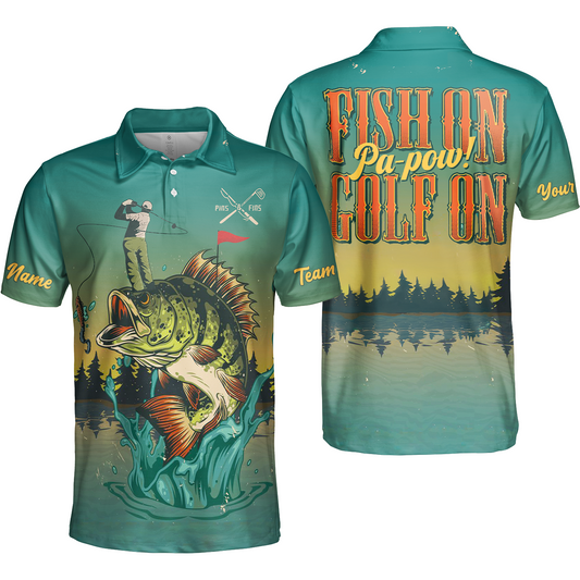Fly Fishing And Golf Men Polo Shirt, Fish On Golf On Pa-Pow Fishing Shirt, Best Golf Shirt For Men, Gift For Golfers And Fishing Lovers