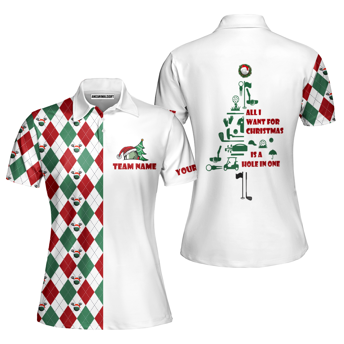 Funny Christmas Tree Womens Golf Polo Shirt All I Want For Christmas Is A Hole In One Custom Golf Gift