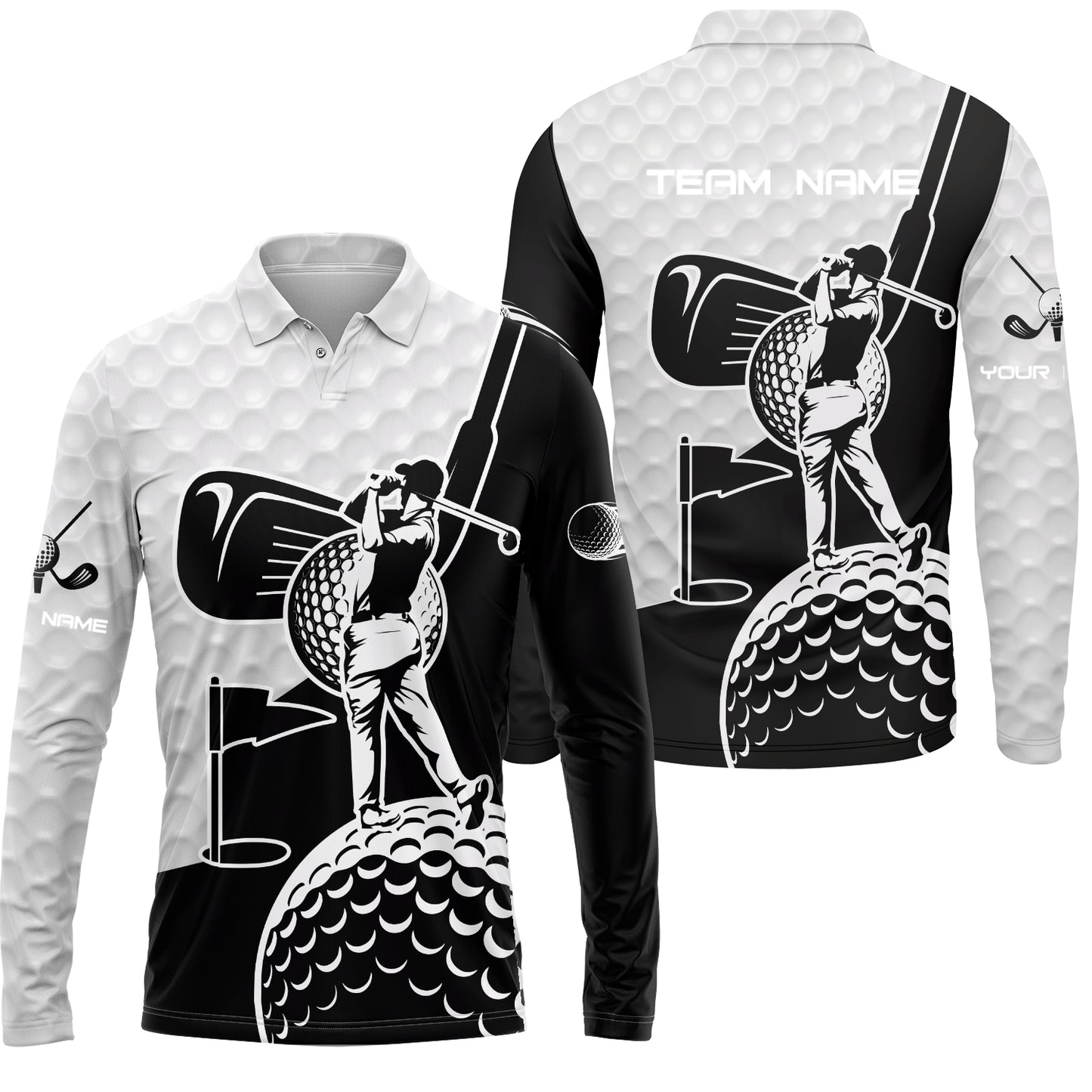 Golf Custom Name Long Sleeve Polo Shirt - Golf Clubs Golf Ball Apparel - Personalized Gift For Golf Lover, Team, Golfer