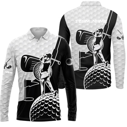 Golf Custom Name Long Sleeve Polo Shirt - Golf Clubs Golf Ball Apparel - Personalized Gift For Golf Lover, Team, Golfer
