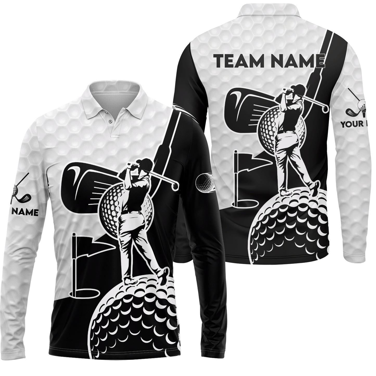 Golf Custom Name Long Sleeve Polo Shirt - Golf Clubs Golf Ball Apparel - Personalized Gift For Golf Lover, Team, Golfer