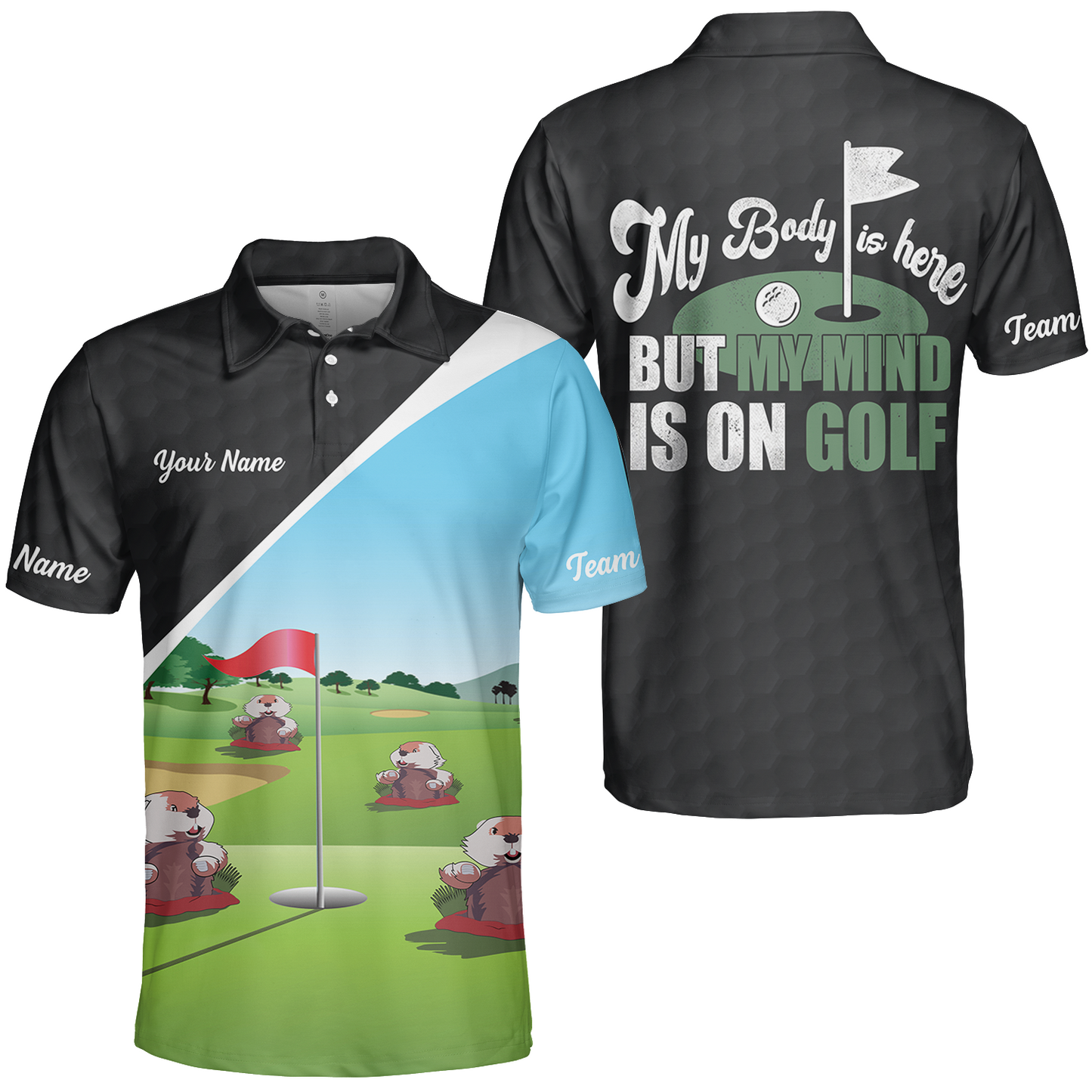 Gopher My Mind Is On Golf Custom Men Polo Shirt, Personalized Golf Shirt For Men, Cool Gift For Golfers