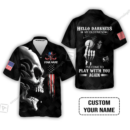 Personalized Golf Men Polo Shirt - Custom Name Skull Shirt, Golf American Flag Hello Darkness My Old Friend Men Polo Shirt