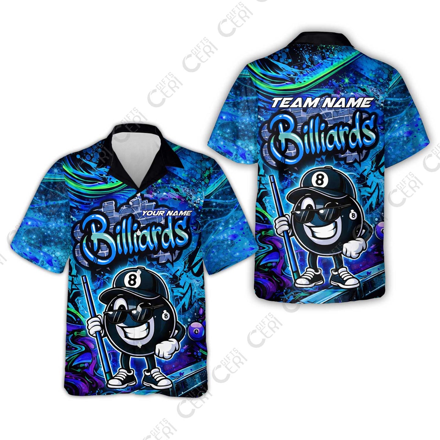 Customized Billiards Hawaiian Shirt, Personalized Street Graffiti 8 Ball Jersey Gift For Billiard Players