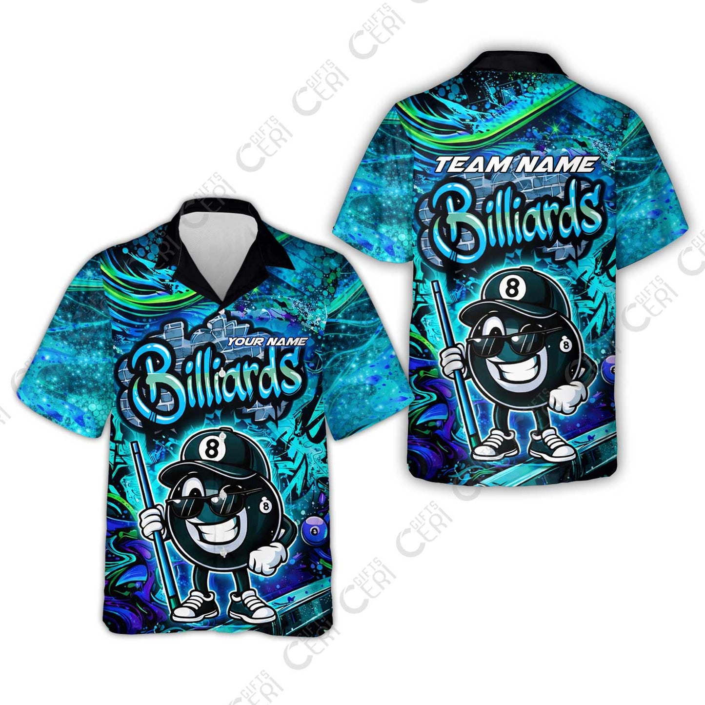 Customized Billiards Hawaiian Shirt, Personalized Street Graffiti 8 Ball Jersey Gift For Billiard Players