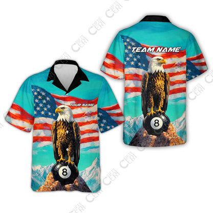 Customized Billiards Hawaiian Shirt, Personalized American Flag With Eagle 8 Ball Jersey Gift For Billiard Players