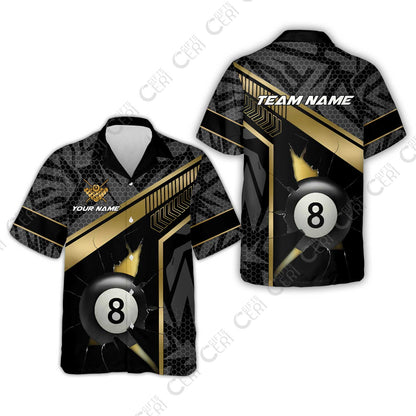 Customized Billiards Hawaiian Shirt, Personalized Hexagonal Patterns With A Cracked Glass 8 Ball Jersey