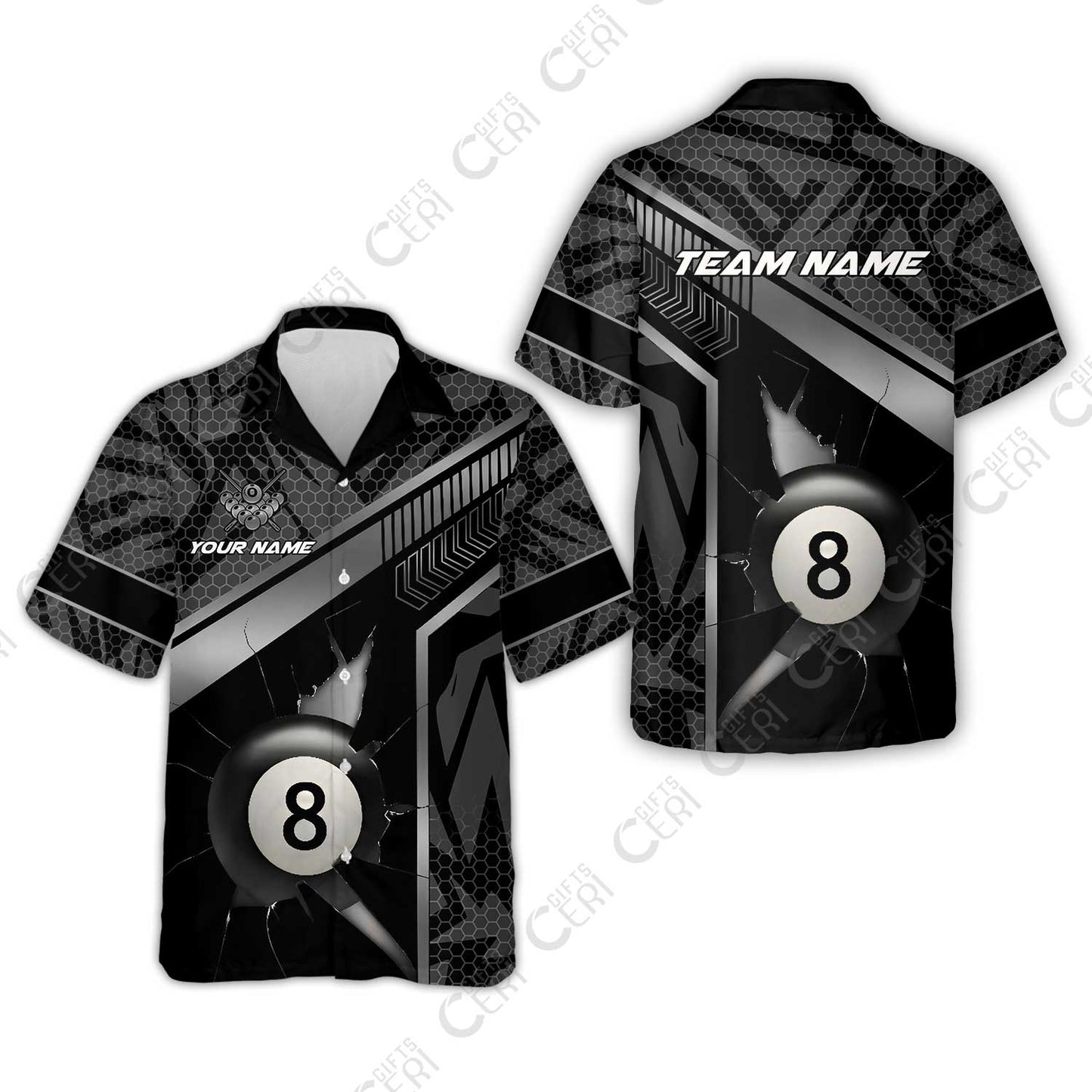 Customized Billiards Hawaiian Shirt, Personalized Hexagonal Patterns With A Cracked Glass 8 Ball Jersey