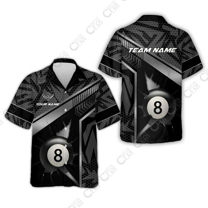 Customized Billiards Hawaiian Shirt, Personalized Hexagonal Patterns With A Cracked Glass 8 Ball Jersey