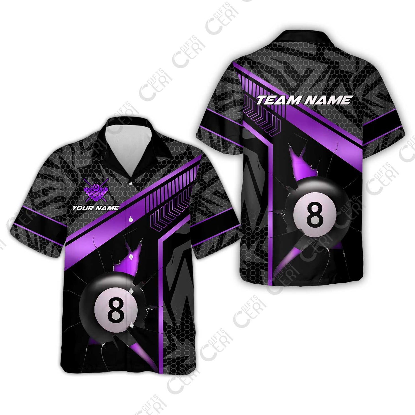 Customized Billiards Hawaiian Shirt, Personalized Hexagonal Patterns With A Cracked Glass 8 Ball Jersey