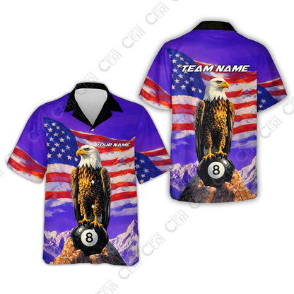Customized Billiards Hawaiian Shirt, Personalized American Flag With Eagle 8 Ball Jersey Gift For Billiard Players